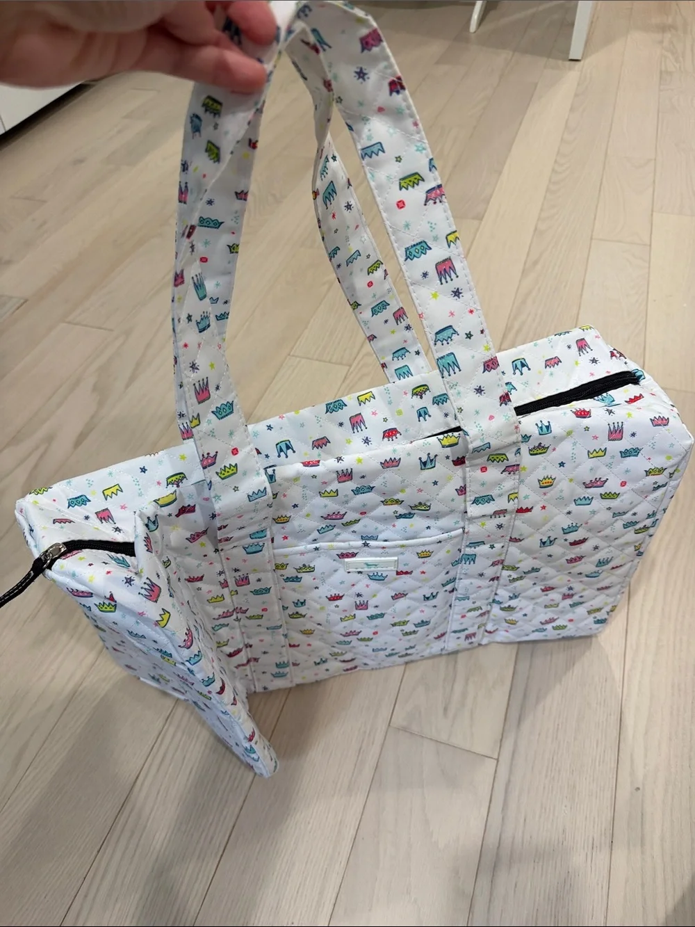 Scout White Diaper Tote with Multicolor Crown Print